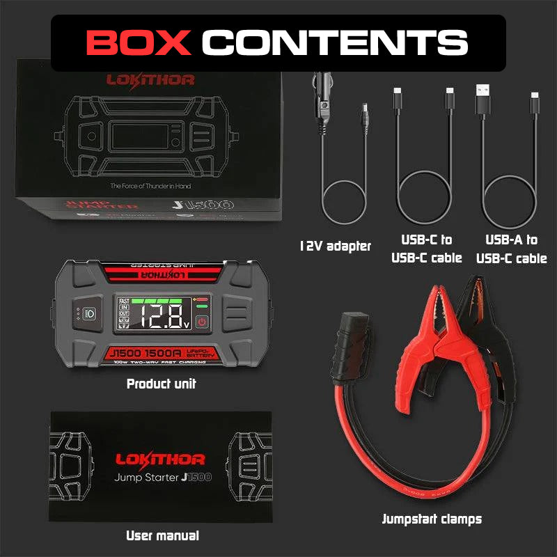 LOKITHOR Marvel 3-in-1 Multifunction Rescue Jump Starter Pack 1500A @ 12v + LED Torch + USB Power Bank - LiFePO4 Tech - J1500